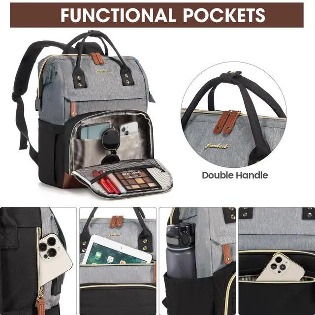 Alt view image 5 of 5 - Laptop Backpack for Womem Work Bags: 18 Inch Travel BackPacks With USB Charging Port Anti Theft Durable Back Pack Fashion College BookBag Purse Bussiness Daypack for Nurse Teacher Black Grey Brown