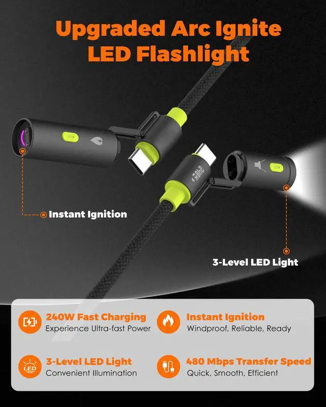 Alt view image 2 of 5 - chubbycable ChubbyWild 240W Rugged Charging Cable with Arc Ignite and Emergency Light USB C Fast Charging Cable for Outdoor Emergency Use, 240W  Arc & Strobe-Green