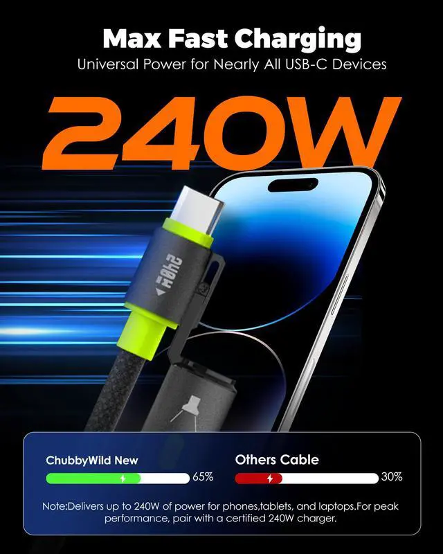 Alt view image 4 of 5 - chubbycable ChubbyWild 240W Rugged Charging Cable with Arc Ignite and Emergency Light USB C Fast Charging Cable for Outdoor Emergency Use, 240W  Arc & Strobe-Green