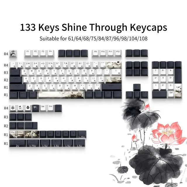 Alt view image 2 of 5 - XVX Shine Through Keycaps, Japanese Ink Lotus Keycap Set, DoubleShot PBT Key caps with Dye-Sublimation, Cherry Profile Keyboard Keycaps for Gateron Cherry MX Switches Mechanical Keyboards