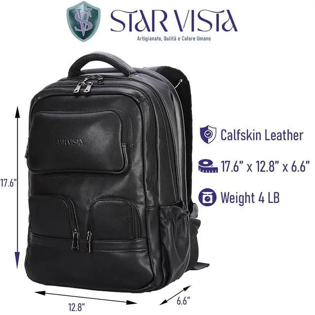Alt view image 3 of 5 - STAR VISTA 15.6" Raphael Calfskin Leather Laptop Backpack, Multi Pockets, Casual Outdoor Business Travel Rucksack, YKK Zippers, Black