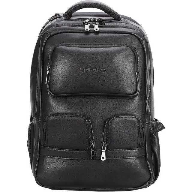 Alt view image 2 of 5 - STAR VISTA 15.6" Raphael Calfskin Leather Laptop Backpack, Multi Pockets, Casual Outdoor Business Travel Rucksack, YKK Zippers, Black