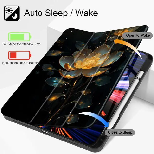 Alt view image 2 of 5 - Tuiklol for iPad Pro 11 inch Case (2025 M5 / 2024 M4 Chip) - Built in Pencil Holder, Slim TPU Protective Stand Back Cover Shockproof with Smart Trifold Stand Auto Wake/Sleep,Lotus Flower
