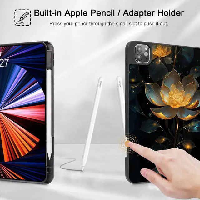 Alt view image 3 of 5 - Tuiklol for iPad Pro 11 inch Case (2025 M5 / 2024 M4 Chip) - Built in Pencil Holder, Slim TPU Protective Stand Back Cover Shockproof with Smart Trifold Stand Auto Wake/Sleep,Lotus Flower