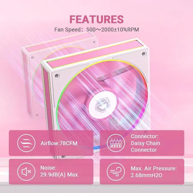 Alt view image 4 of 5 - ID-COOLING AF-127-PINK Trio 3 Pack Case Fans Pink Fans Daisy-Chained 120mm Computer Fan for Radiator/CPU Air Cooler/Computer Case