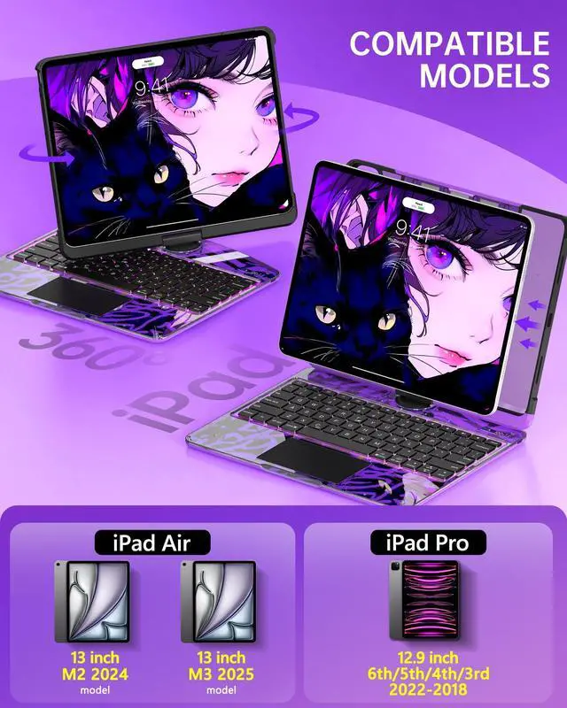 Alt view image 2 of 5 - Intermerge Clear Keyboard Case for iPad Air 13" (M3/M2, 2025/2024) & Pro 12.9" (2022-2018) - 360° Rotatable Trackpad, RGB Backlit Keyboard, Pencil Holder, Power Indicator, Type-C, Neon Pulse