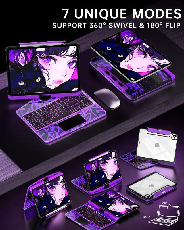 Alt view image 3 of 5 - Intermerge Clear Keyboard Case for iPad Air 13" (M3/M2, 2025/2024) & Pro 12.9" (2022-2018) - 360° Rotatable Trackpad, RGB Backlit Keyboard, Pencil Holder, Power Indicator, Type-C, Neon Pulse