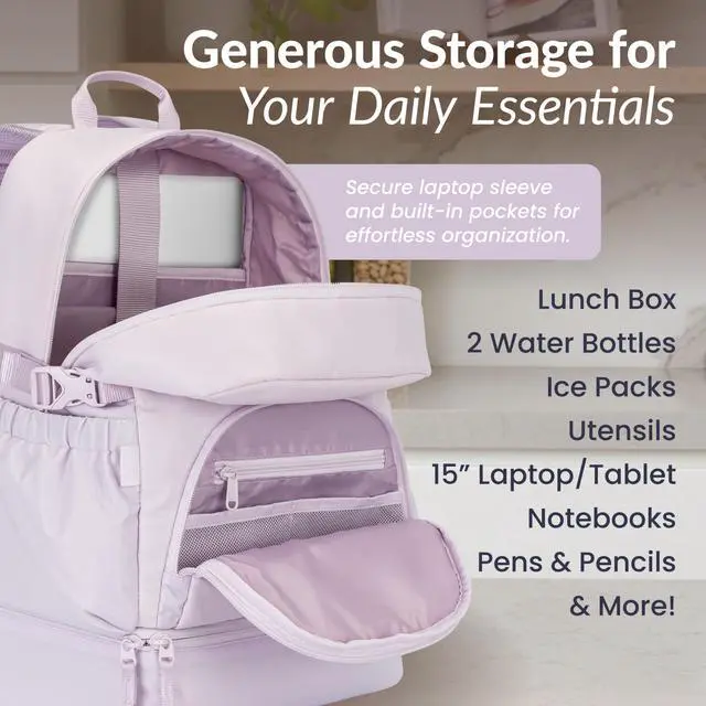 Alt view image 3 of 5 - Bentgo 2-in-1 Adult Backpack & Insulated Lunch Bag  Lightweight, Water-Resistant Travel Backpack with 9 Compartments, Laptop Sleeve & Trolley Sleeve for Work & Everyday Use (Lavender)