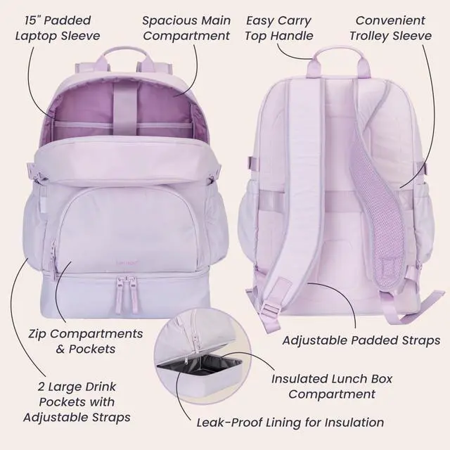 Alt view image 5 of 5 - Bentgo 2-in-1 Adult Backpack & Insulated Lunch Bag  Lightweight, Water-Resistant Travel Backpack with 9 Compartments, Laptop Sleeve & Trolley Sleeve for Work & Everyday Use (Lavender)