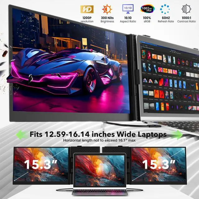 Alt view image 4 of 5 - Laptop Screen Extender, Ultra-Thin 15.3" FHD 1200P 16:10 Portable Monitor for Laptop, Lightweight Travel Monitor Extender Plug & Play for 14"-17.3" Laptops, Compatible with Wins/Mac/Android/Chrome