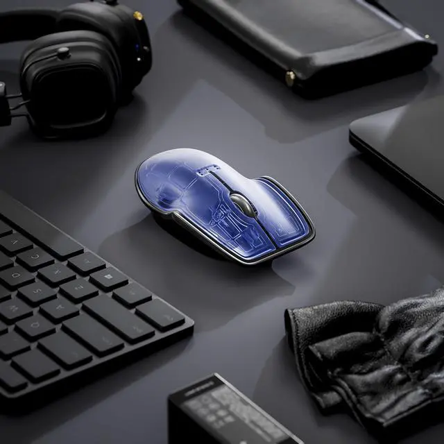 Alt view image 3 of 5 - LUNAR ARTEFACTS Ambidextrous Rechargeable Bluetooth Wireless Computer Mouse Navy Blue Translucent with Black Powder Coated Aluminum, USB-C