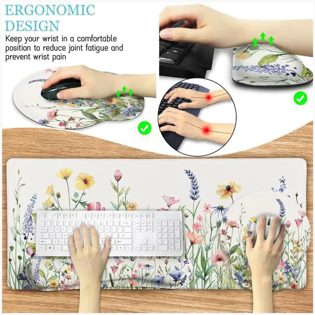 Alt view image 4 of 5 - LIMKRIAN Flower Mouse Pad Set Large Desk Matt for Desktop, Ergonomic Mouse Pad with Wrist Rest, Gaming Wrist Support Keyboard Mat Cup Coaster Set Cute Office Desk Decor Accessories