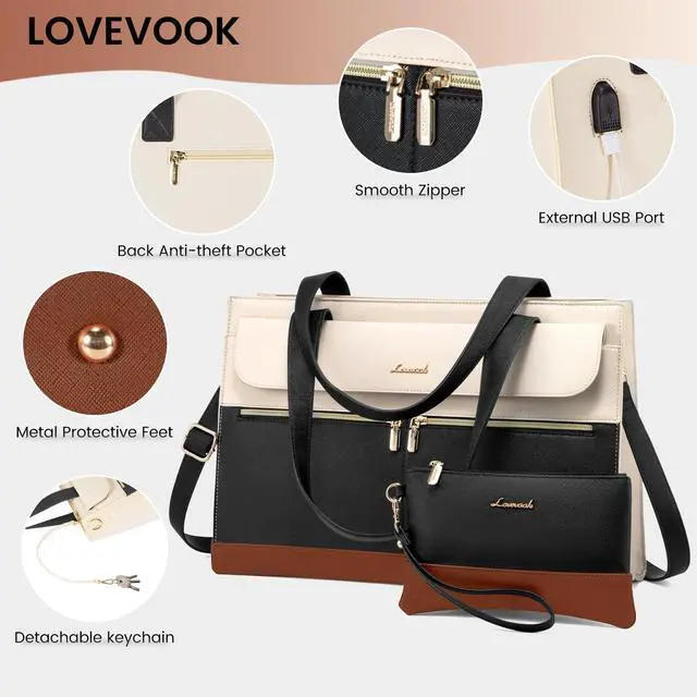 Alt view image 5 of 5 - LOVEVOOK Laptop Bag for Women 17.3 Inch Laptop Tote Work Bags Professional Leather Computer Briefcase Waterproof Handbag Shoulder Large Capacity Business Teacher Office Crossbody Purse