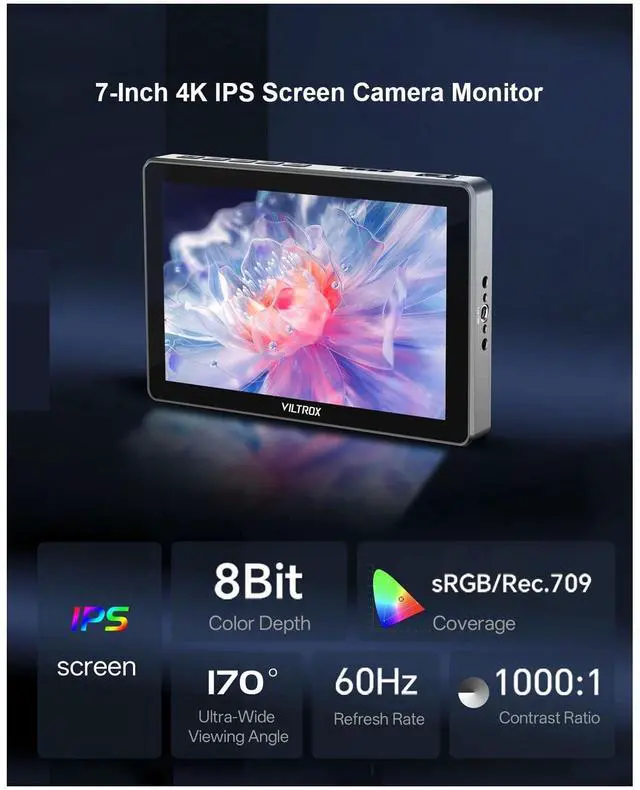 Alt view image 2 of 5 - VILTROX DC-L2 7" 4K SDI Camera Field Monitor, 600nit Touch Screen, 4K 30Hz HDMI Loop in/Out DSLR Video External Monitor for Sony Canon Nikon with Sunshade Hood, Battery, Storage Bag