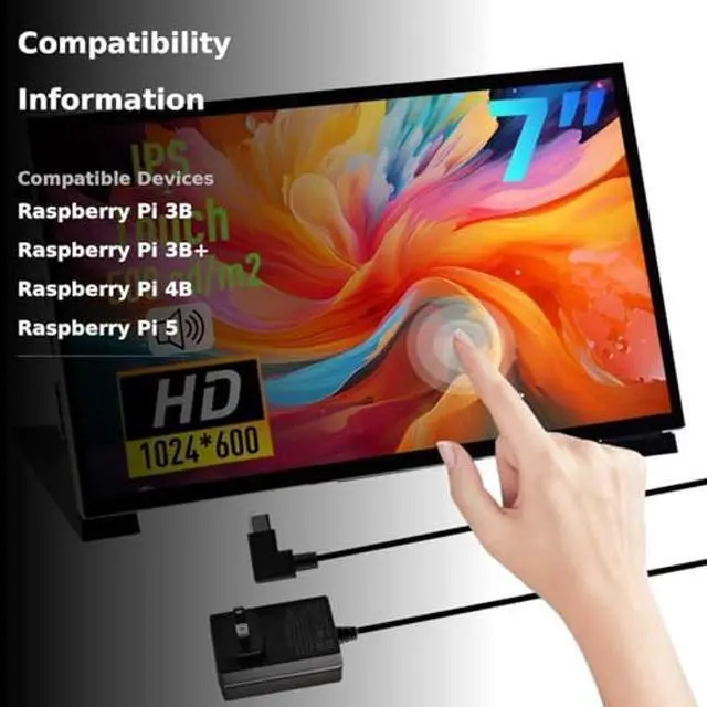 Alt view image 3 of 5 - GeeekPi 7 inch Capacitive Touchscreen for Raspberry Pi, HDMI Monitor IPS 1024X600 LCD Display with Dual-Speaker for Raspberry Pi 5/4B/3B+/3B/B+, with Mount Hole to Install Raspberry Pi Board