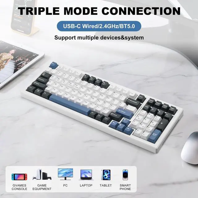 Alt view image 2 of 5 - Wireless Mechanical Keyboard BT5.0/2.4GHz/USB-C, Multi-Color LED with 18+ Modes, Hot-Swappable Custom Keyboard, Red Creamy Switches, Gaming Keyboard for PC/Mac (Blue White)