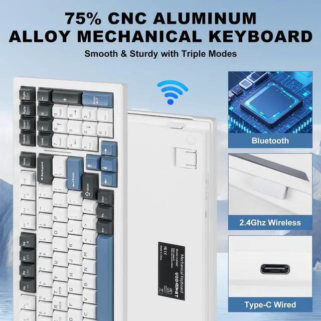 Alt view image 5 of 5 - Wireless Mechanical Keyboard BT5.0/2.4GHz/USB-C, Multi-Color LED with 18+ Modes, Hot-Swappable Custom Keyboard, Red Creamy Switches, Gaming Keyboard for PC/Mac (Blue White)