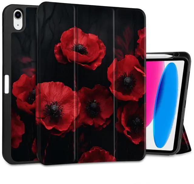 Main image of MEEgoodo Case for iPad A16 11th Generation 11 inch 2025/iPad 10th Generation 10.9 inch 2022, Tablet Cover with Trifold Stand + Pencil Holder + Auto Wake/Sleep + Soft TPU Back Cover, Red Poppy Flowers
