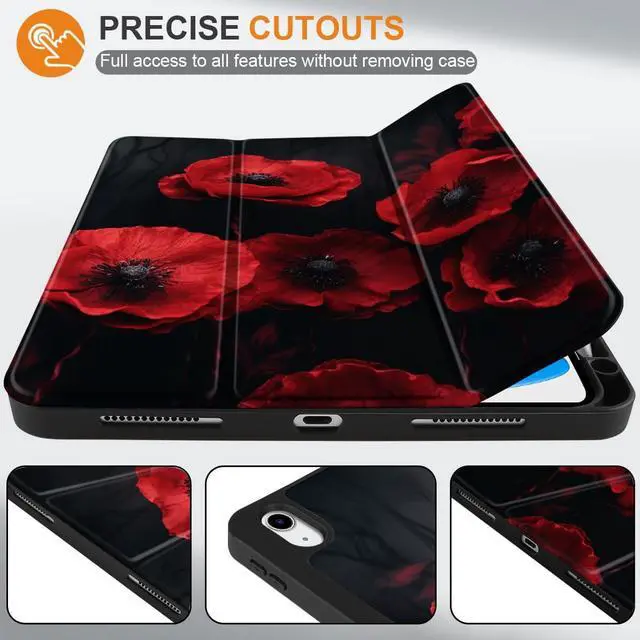 Alt view image 2 of 5 - MEEgoodo Case for iPad A16 11th Generation 11 inch 2025/iPad 10th Generation 10.9 inch 2022, Tablet Cover with Trifold Stand + Pencil Holder + Auto Wake/Sleep + Soft TPU Back Cover, Red Poppy Flowers