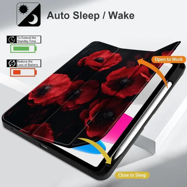 Alt view image 3 of 5 - MEEgoodo Case for iPad A16 11th Generation 11 inch 2025/iPad 10th Generation 10.9 inch 2022, Tablet Cover with Trifold Stand + Pencil Holder + Auto Wake/Sleep + Soft TPU Back Cover, Red Poppy Flowers