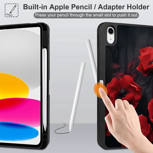 Alt view image 4 of 5 - MEEgoodo Case for iPad A16 11th Generation 11 inch 2025/iPad 10th Generation 10.9 inch 2022, Tablet Cover with Trifold Stand + Pencil Holder + Auto Wake/Sleep + Soft TPU Back Cover, Red Poppy Flowers