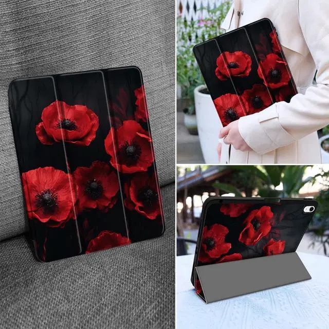 Alt view image 5 of 5 - MEEgoodo Case for iPad A16 11th Generation 11 inch 2025/iPad 10th Generation 10.9 inch 2022, Tablet Cover with Trifold Stand + Pencil Holder + Auto Wake/Sleep + Soft TPU Back Cover, Red Poppy Flowers