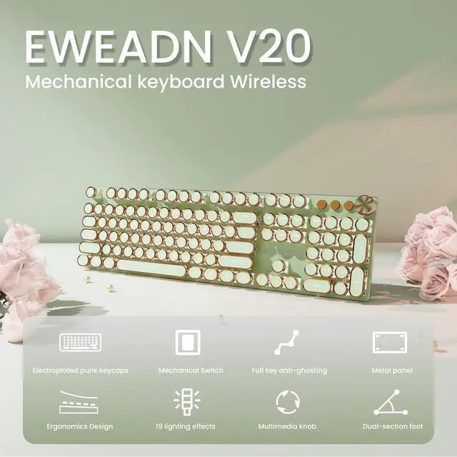 Alt view image 2 of 5 - EWEADN V20 Typewriter Keyboard Wireless, 104 Keys Typewriter Style Mechanical with White Backlit, Media Knob, Pink Switch 2.4G/Bluetooth/USB-C Wired Retro Full Size Keyboard for Windows/Mac/PC-Green