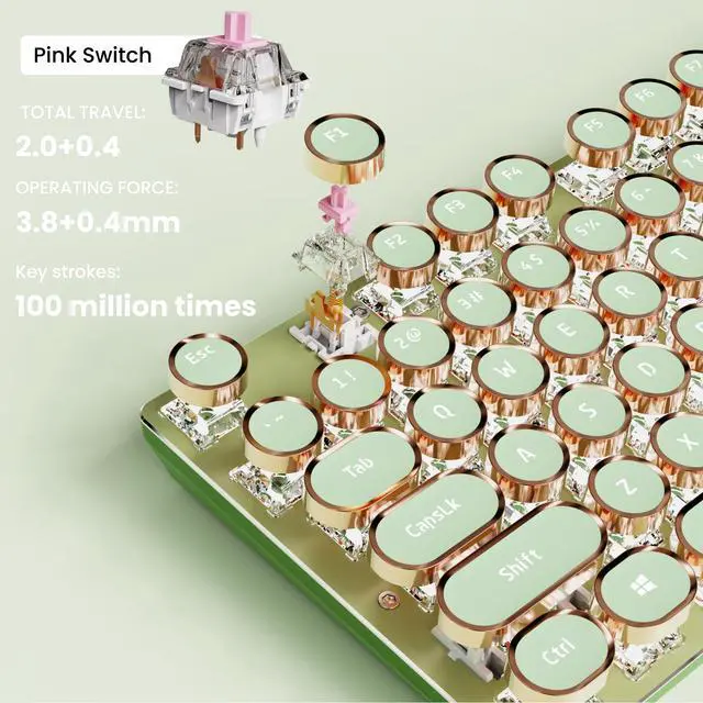 Alt view image 4 of 5 - EWEADN V20 Typewriter Keyboard Wireless, 104 Keys Typewriter Style Mechanical with White Backlit, Media Knob, Pink Switch 2.4G/Bluetooth/USB-C Wired Retro Full Size Keyboard for Windows/Mac/PC-Green