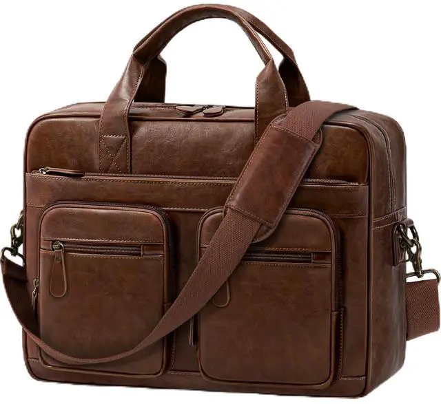 Main image of RAINSMORE Vintage Messenger Bag Men PU Vegan Leather Laptop Bag 15.6 Inch Waterproof Briefcase Mens Large Computer Bag for Work Office Travel Retro Satchel Bags for Men Professional Dark Brown
