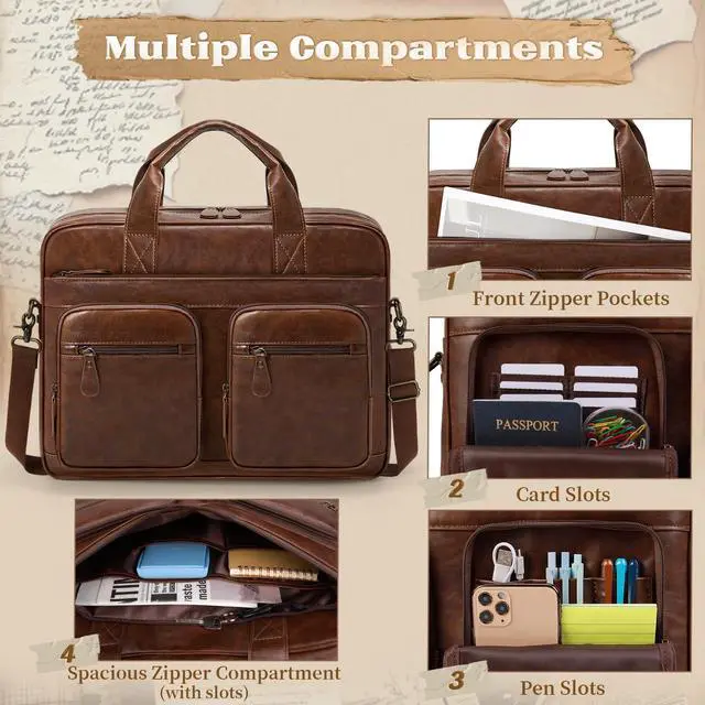 Alt view image 2 of 5 - RAINSMORE Vintage Messenger Bag Men PU Vegan Leather Laptop Bag 15.6 Inch Waterproof Briefcase Mens Large Computer Bag for Work Office Travel Retro Satchel Bags for Men Professional Dark Brown