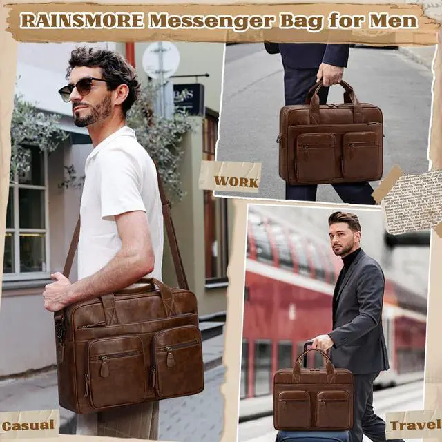 Alt view image 4 of 5 - RAINSMORE Vintage Messenger Bag Men PU Vegan Leather Laptop Bag 15.6 Inch Waterproof Briefcase Mens Large Computer Bag for Work Office Travel Retro Satchel Bags for Men Professional Dark Brown