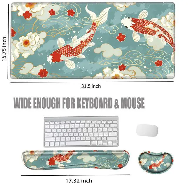 Alt view image 3 of 5 - Koi Fish Desk Mat Set Carp Mousepad Gaming Mouse Pad and Keyborad Wrist Rest XXL Desk Pad 31.5" x 15.75" Computer Mat Large Mouse Pads with Wrist Support