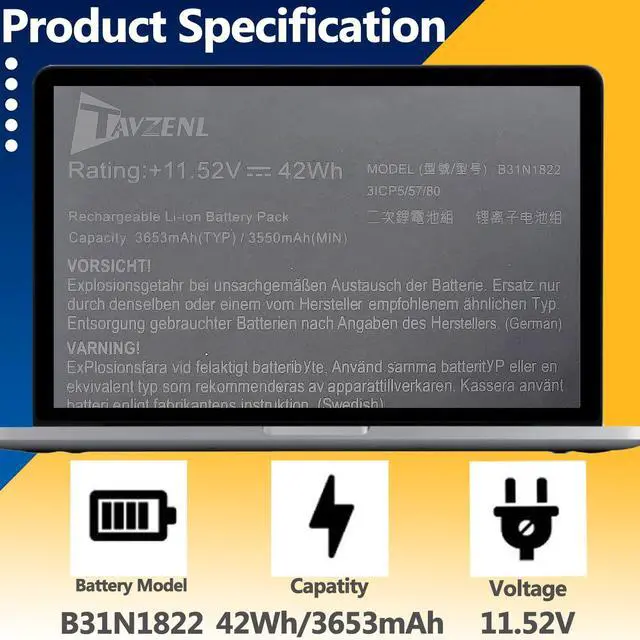 Alt view image 2 of 5 - TAVZENL B31N1822 42Wh Battery Replacement for ASUS VivoBook 15 F513 M513 Series,ZenBook Flip 14 Q406DA Q406DA-BR5T6 UM462DA UX462 UX462D UX462DA Series 11.52V 4250