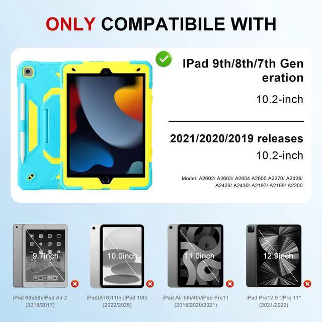 Alt view image 2 of 5 - Case for iPad 9th Generation (2021) /iPad 8th Gen (2020)/iPad 7th Gen (2019), Military Grade Shockproof iPad Case Built-in 360°Rotating Stand/Pen Slot/Shoulder Strap, for iPad 10.2 (Blue+Yellow)