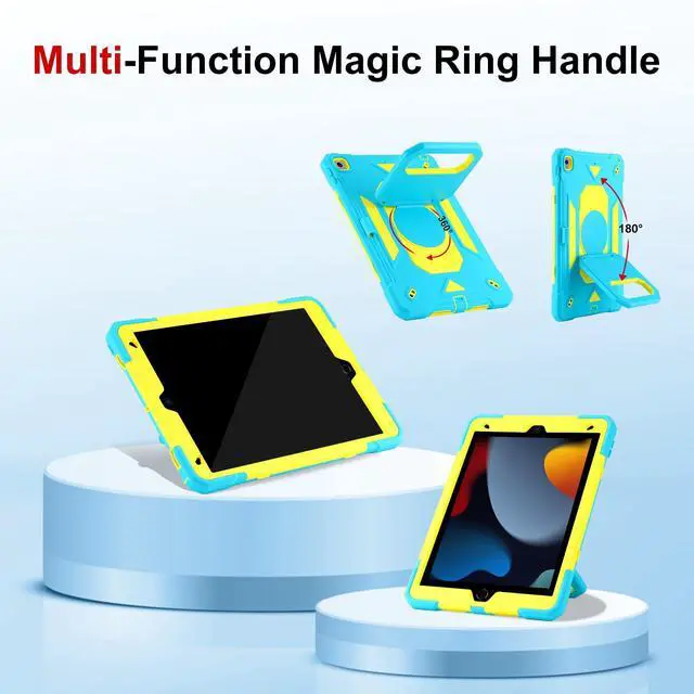 Alt view image 5 of 5 - Case for iPad 9th Generation (2021) /iPad 8th Gen (2020)/iPad 7th Gen (2019), Military Grade Shockproof iPad Case Built-in 360°Rotating Stand/Pen Slot/Shoulder Strap, for iPad 10.2 (Blue+Yellow)