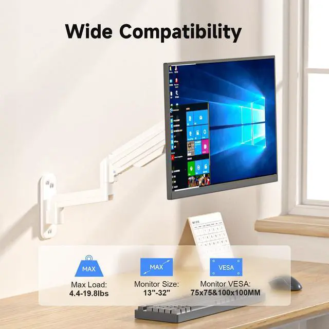 Alt view image 2 of 5 - suptek Single Monitor Wall Mount for 17 to 32 Inch Screens, Gas Monitor Arm Wall Mount Holds Up to 19.8lbs, Full Motion Adjustable,VESA Mount 75x75, 100x100,White