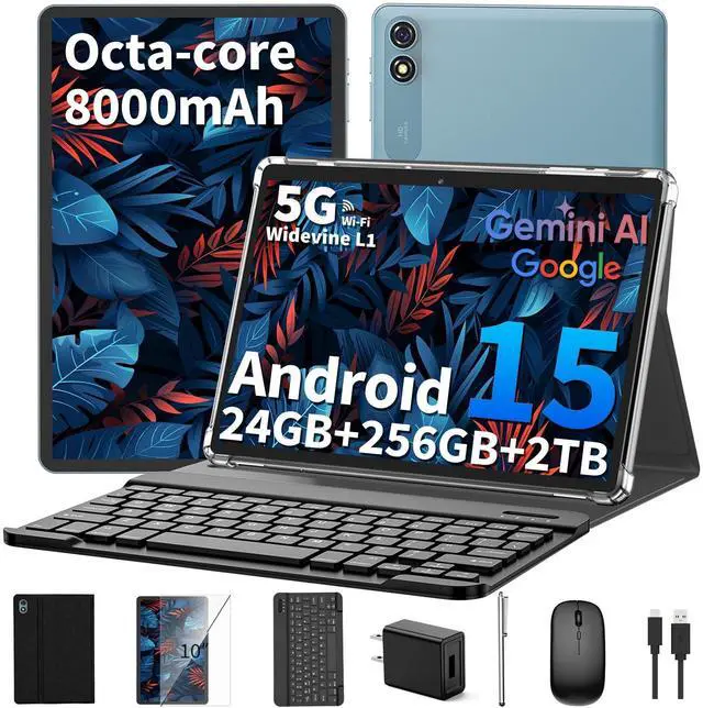 Main image of Android 15 Tablet 10 inch, 2025 Tablet with Keyboard, 24GB+256GB+2TB Expand, 2-in-1 Tablets with 8-Core, 5G WiFi, 8000mAh, BT5.0, GMS Certified, with Mouse, Case, Stylus, Split Screen(Black case)