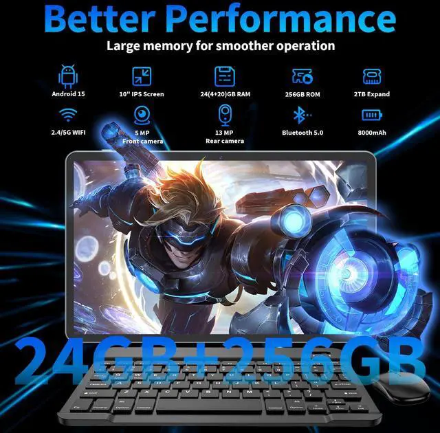 Alt view image 2 of 5 - Android 15 Tablet 10 inch, 2025 Tablet with Keyboard, 24GB+256GB+2TB Expand, 2-in-1 Tablets with 8-Core, 5G WiFi, 8000mAh, BT5.0, GMS Certified, with Mouse, Case, Stylus, Split Screen(Black case)