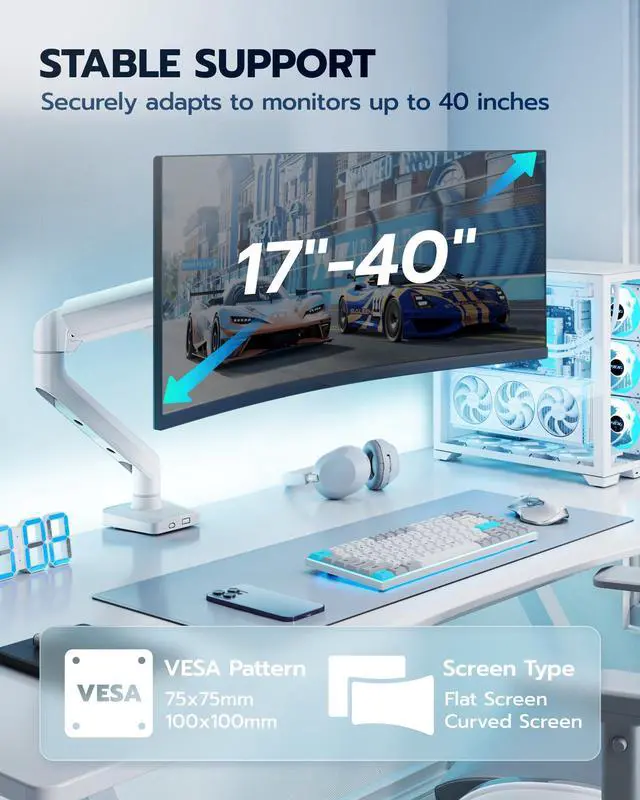 Alt view image 5 of 5 - ARES WING Heavy Duty Single Monitor Arm - Fully Adjustable Monitor Mount for 17"-40" Ultrawide Screens up to 26.4 lbs with Clamp/Grommet Desk Mount, 75/100 Vesa Mount, White