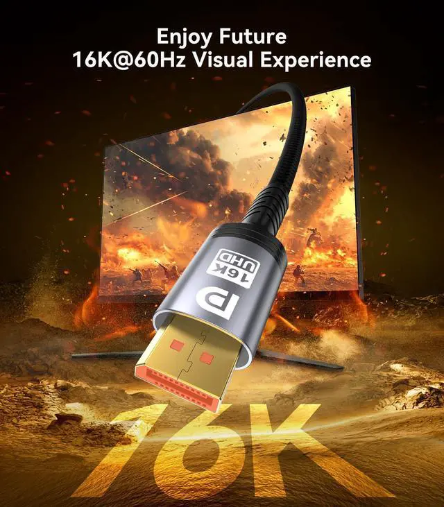 Alt view image 2 of 5 - Sniokco 80Gbps DisplayPort Cable 2.1 10FT, 16K DP Cable 16K@60Hz 8K@240Hz 4K@540Hz 360Hz 240Hz Compatible with HDR HDCP 2.3 DSC FreeSync G-Sync Monitor Graphics RTX 5090 4090 PC HDTV