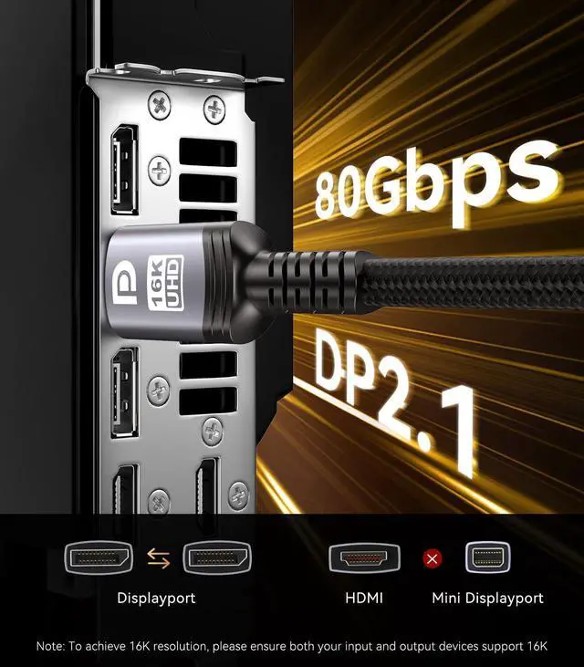 Alt view image 5 of 5 - Sniokco 80Gbps DisplayPort Cable 2.1 10FT, 16K DP Cable 16K@60Hz 8K@240Hz 4K@540Hz 360Hz 240Hz Compatible with HDR HDCP 2.3 DSC FreeSync G-Sync Monitor Graphics RTX 5090 4090 PC HDTV