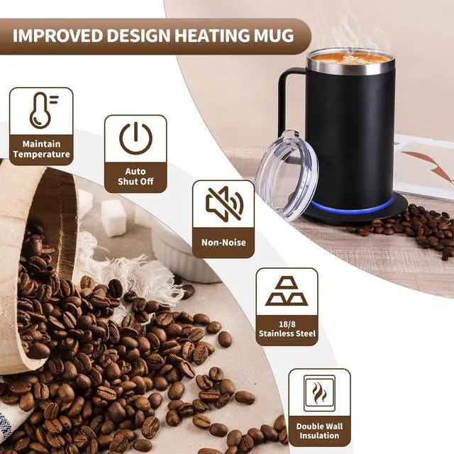 Alt view image 5 of 5 - Heated Cup with 10Hrs Auto Shut Off, USB Powered Mug Warmer Set (17oz-Black)