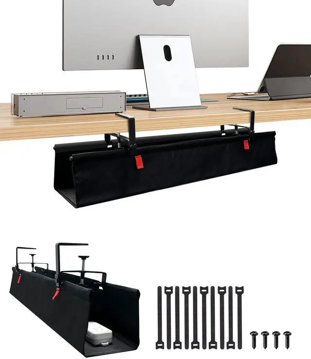 Main image of No Drill Cable Management Under Desk, 28" Cord Organizer for Table, Clamp/Screw Mount Cable Tray, Premium Black Fabric Desk Cord Management Tray for Office, Home (Regular (28 in))