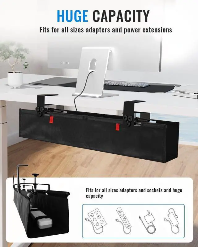 Alt view image 2 of 5 - No Drill Cable Management Under Desk, 28" Cord Organizer for Table, Clamp/Screw Mount Cable Tray, Premium Black Fabric Desk Cord Management Tray for Office, Home (Regular (28 in))