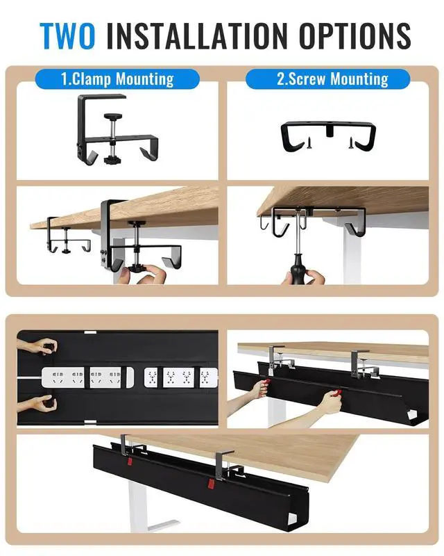 Alt view image 3 of 5 - No Drill Cable Management Under Desk, 28" Cord Organizer for Table, Clamp/Screw Mount Cable Tray, Premium Black Fabric Desk Cord Management Tray for Office, Home (Regular (28 in))