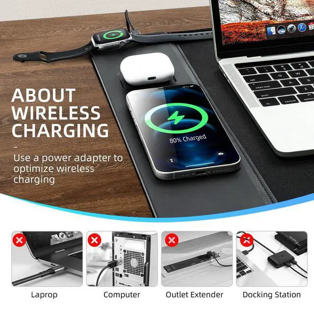 Alt view image 3 of 5 - VOVIPO 3 in 1 Wireless Charging Mouse Pad, Gaming Mousepad with Wireless Charger Multiple Devices Compitable with Watch/iPhone/Airpods, Large Desk Mat 80 x 40cm,Desk Pad for MacBook, PC, Laptop-Black