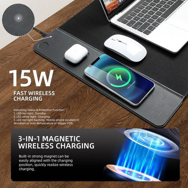 Alt view image 4 of 5 - VOVIPO 3 in 1 Wireless Charging Mouse Pad, Gaming Mousepad with Wireless Charger Multiple Devices Compitable with Watch/iPhone/Airpods, Large Desk Mat 80 x 40cm,Desk Pad for MacBook, PC, Laptop-Black