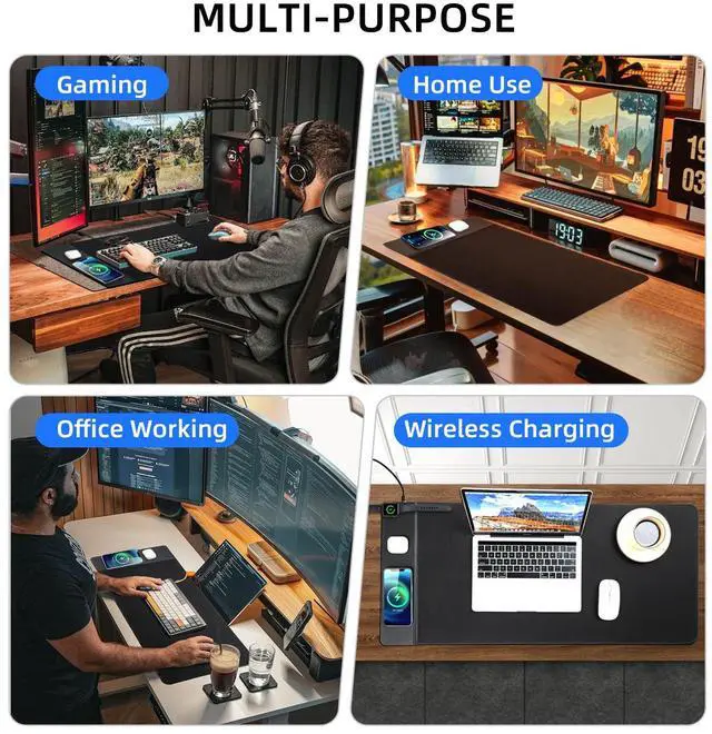 Alt view image 5 of 5 - VOVIPO 3 in 1 Wireless Charging Mouse Pad, Gaming Mousepad with Wireless Charger Multiple Devices Compitable with Watch/iPhone/Airpods, Large Desk Mat 80 x 40cm,Desk Pad for MacBook, PC, Laptop-Black