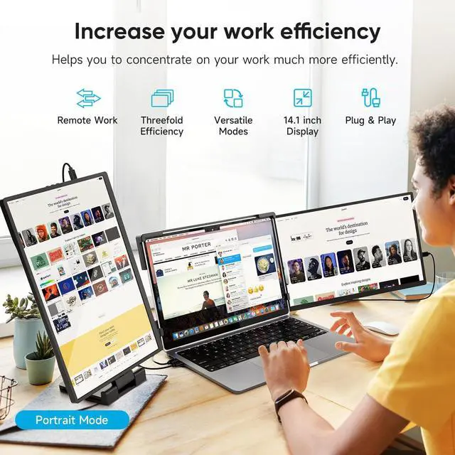 Alt view image 5 of 5 - Omiodo 14" Laptop Screen Extender,FHD 1200P IPS Triple Portable Monitor,Dual Travel Screen Plug & Play,Laptop Monitor Extender for 14"-17.3",Compatible with Windows/Mac/Android & Chrome OS