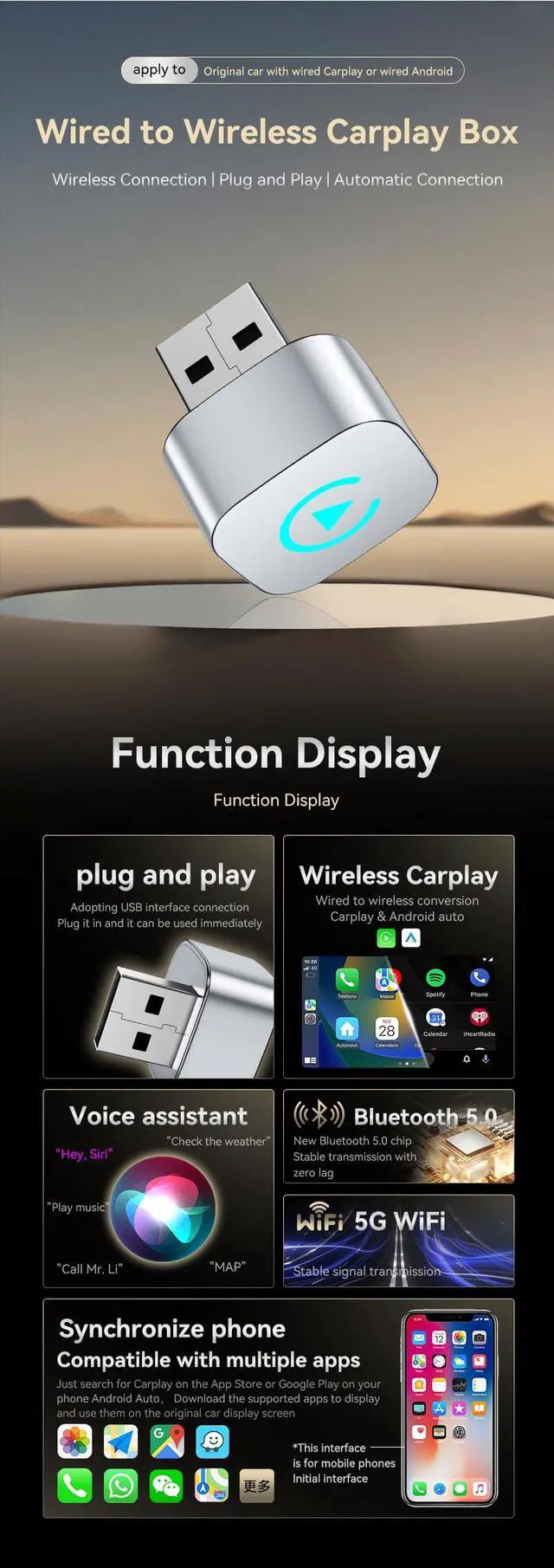 Alt view image 2 of 5 - Wireless CarPlay Adapter for iPhone/Android - 2025 Convert Wired to Wireless CarPlay Adapter & Android Auto, No Delay, Plug & Play Dongle, Mini Size,Compatible with iOS 10+ & iPhone 6+ (Silvery)